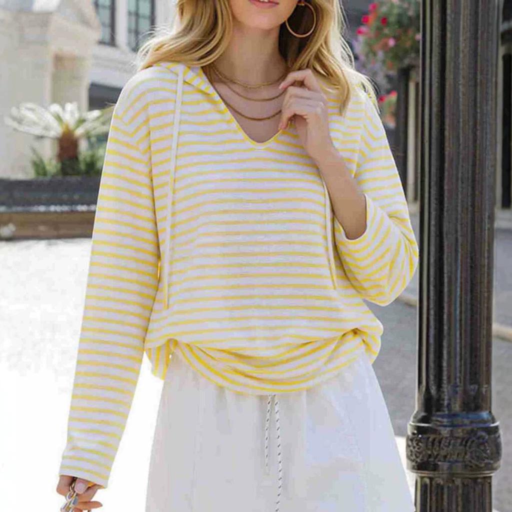 Women's Casual V-Neck Hooded Long Sleeve Striped Loose Fit Pullover Top