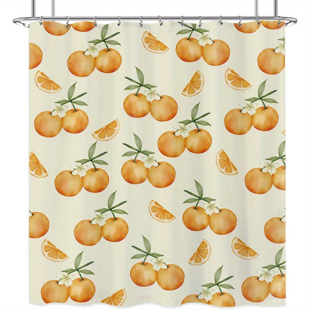 1pc Cute Orange Citrus Shower Curtain - Vibrant Fruit Design, Polyester, 70x70In, 12 Hooks, Summer & Year-Round Use