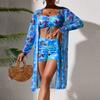 Women's Split Printed Three-piece Long-sleeved Sunscreen Blouse High Waist Boxer Swimsuit