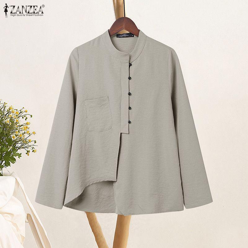 ZANZEA Women Casual Round Neck Solid Color Long Sleeve Retro Blouse