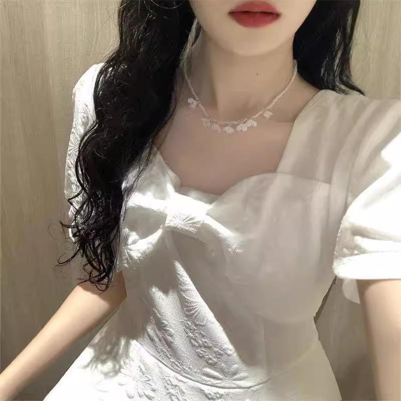 French Sweet First Love Dress Bow Square Collar Waist Thin Dress Female Student Korean Version Medium and Long A-shaped Skirt