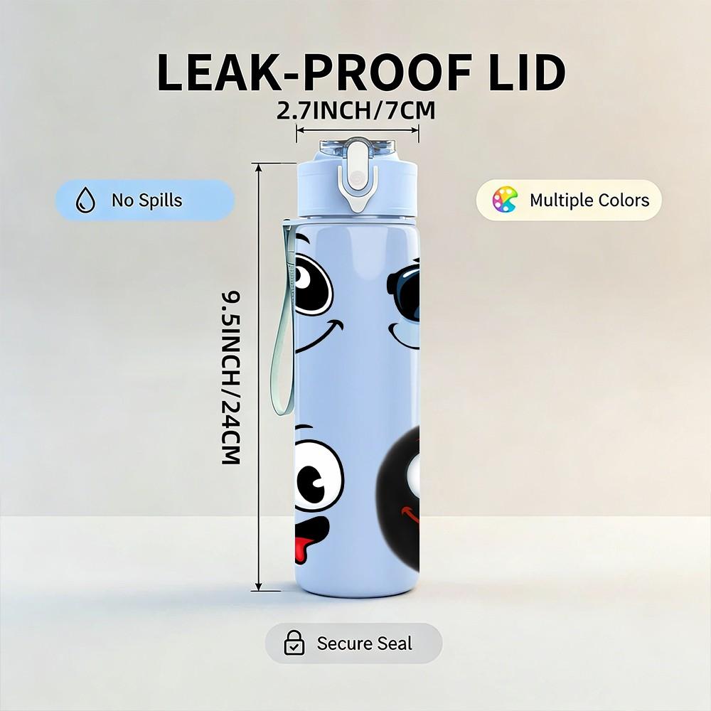 1PC Funny Face Two Emoji Cartoon Print 750ml Color Plastic Sports Water Bottle Leakproof Flip Straw Lid Suitable for Sports Office Home Use
