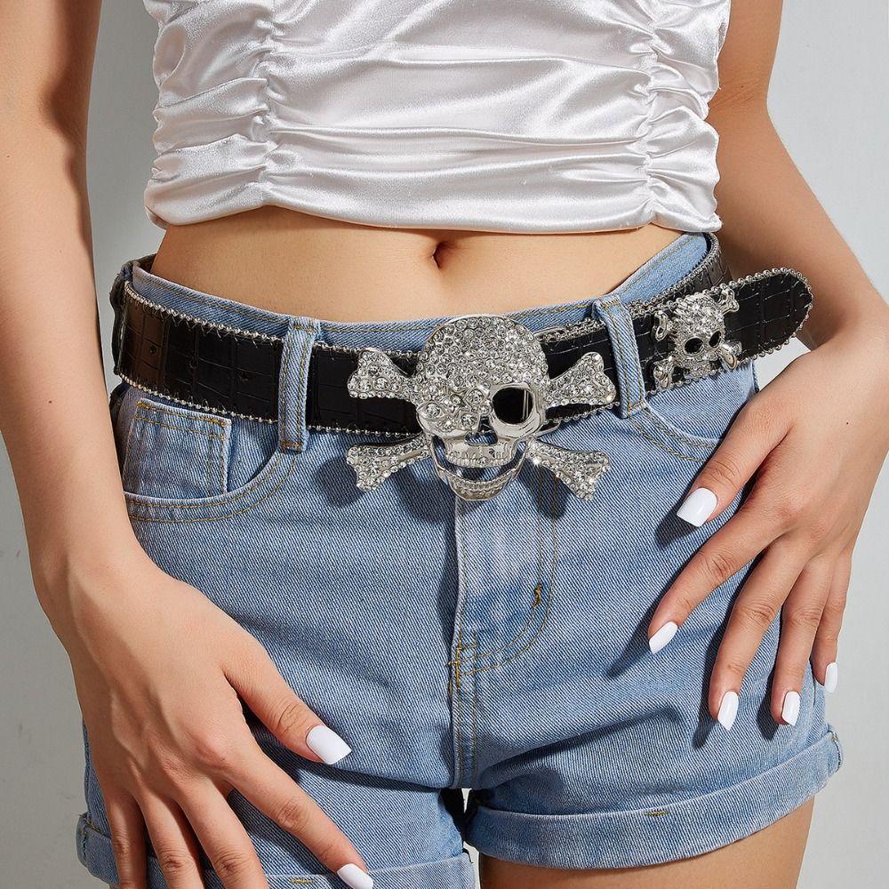 Jeans Decor Rhinestone Skull Belt Skeleton Pu Waistbands Trendy Rivet Belt Daily
