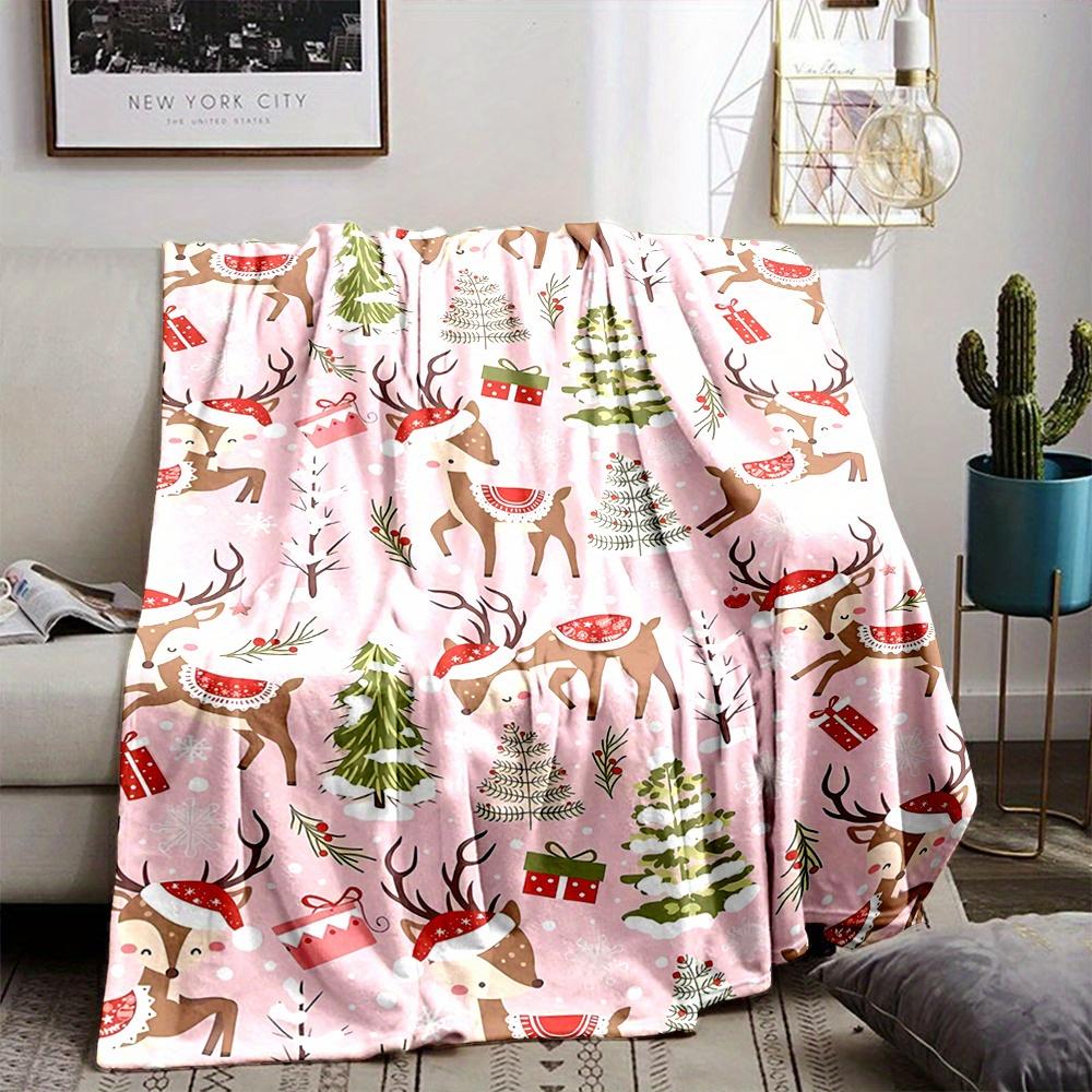 Cozy Pink Christmas Reindeer & Tree Print Flannel Throw Blanket - Soft, Warm, and Versatile for All Seasons - Perfect Gift for