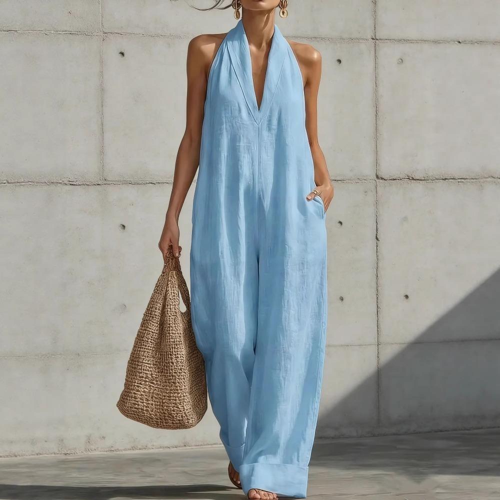 Women's Halter Neck Sleeveless Loose Wide Leg Jumpsuit Casual V Neck Polyester Jumpsuit