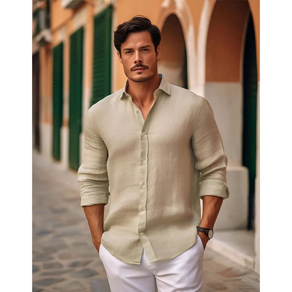 Men's Slim Fit Long-Sleeve Cotton Linen Shirts for Men Business Casual Button Down Shirt Lightweight Breathable Shirts