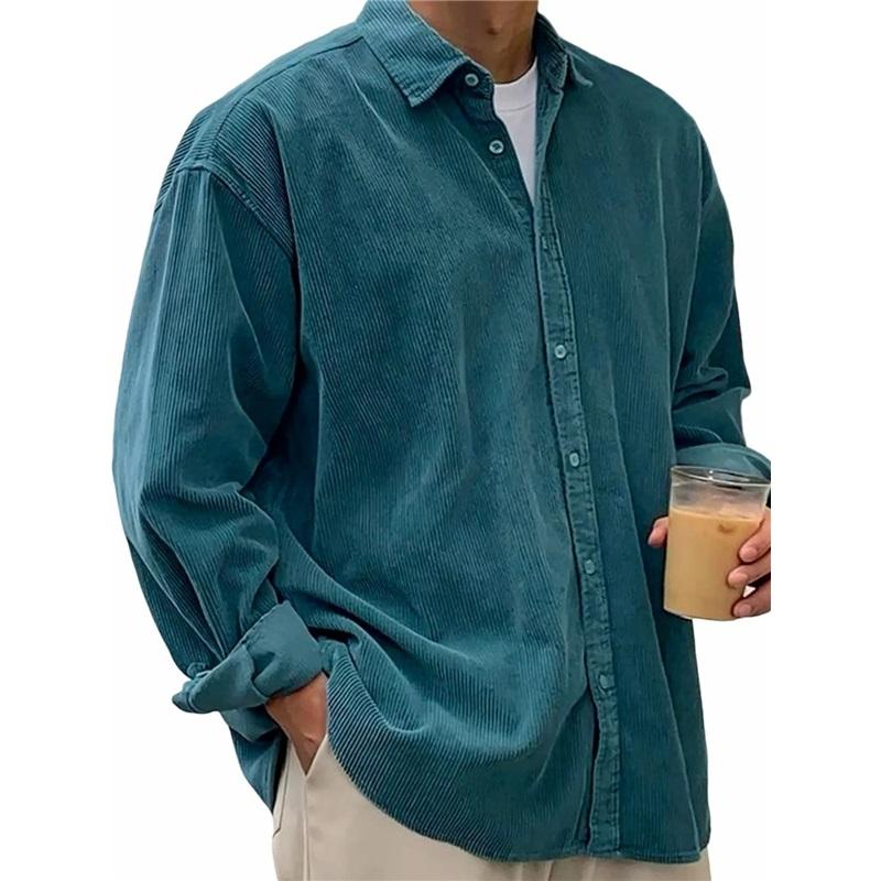 Men's Corduroy Long Sleeve Shirt Casual Loose Fit Warm Fall Winter Button Down Shirt 