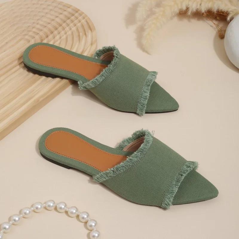 Fashion Women Flats Cowboy Slippers Fashion Beach Dress Shoes  Summer Femme Pointed Toe Flip Flops New Casual Slides Zapatos Mujer