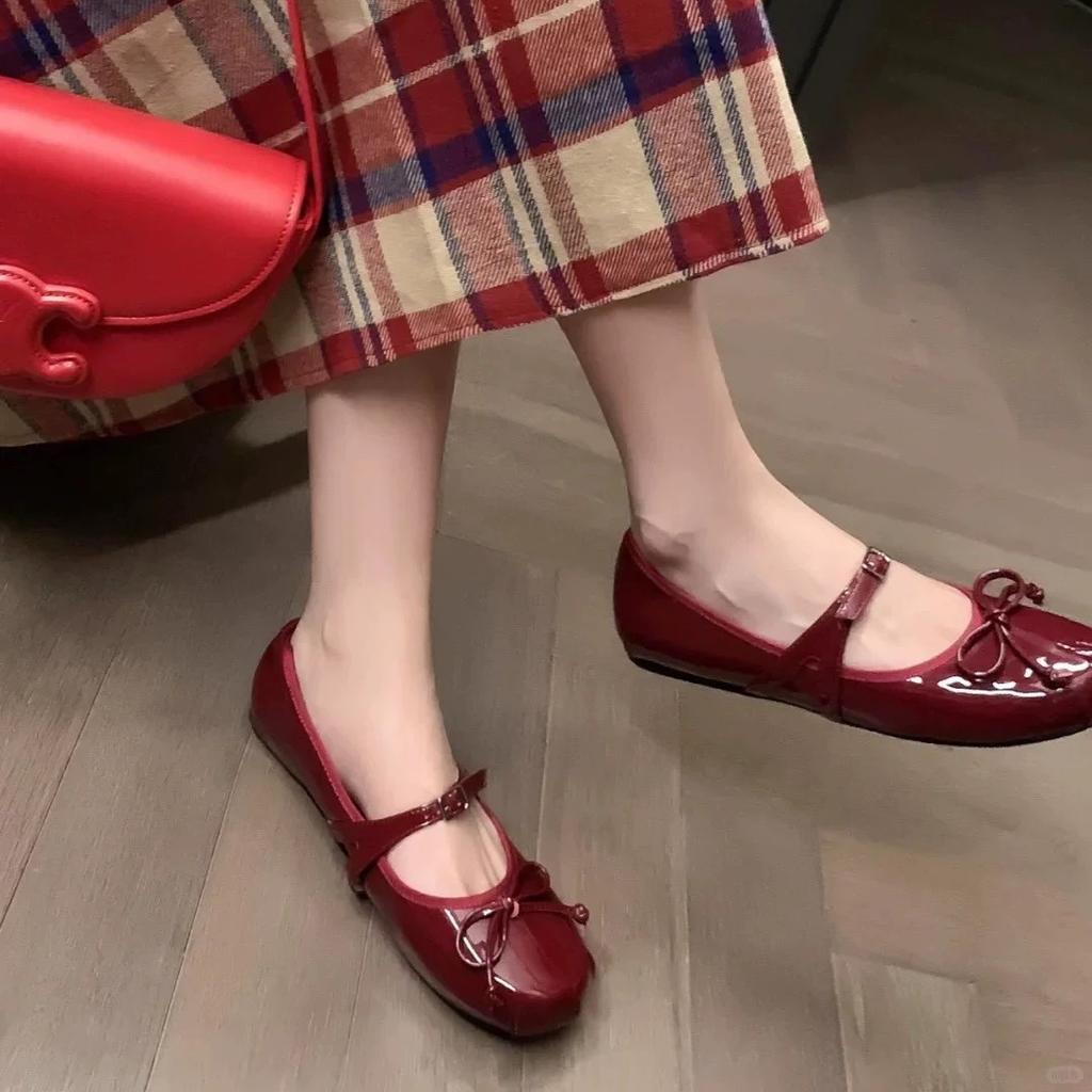 Fairy Wind~ Small Man Inner Height Increase 5cm Red Mary Jane Shoes Women's Bow Word with Light Mouth Ballet Shoes