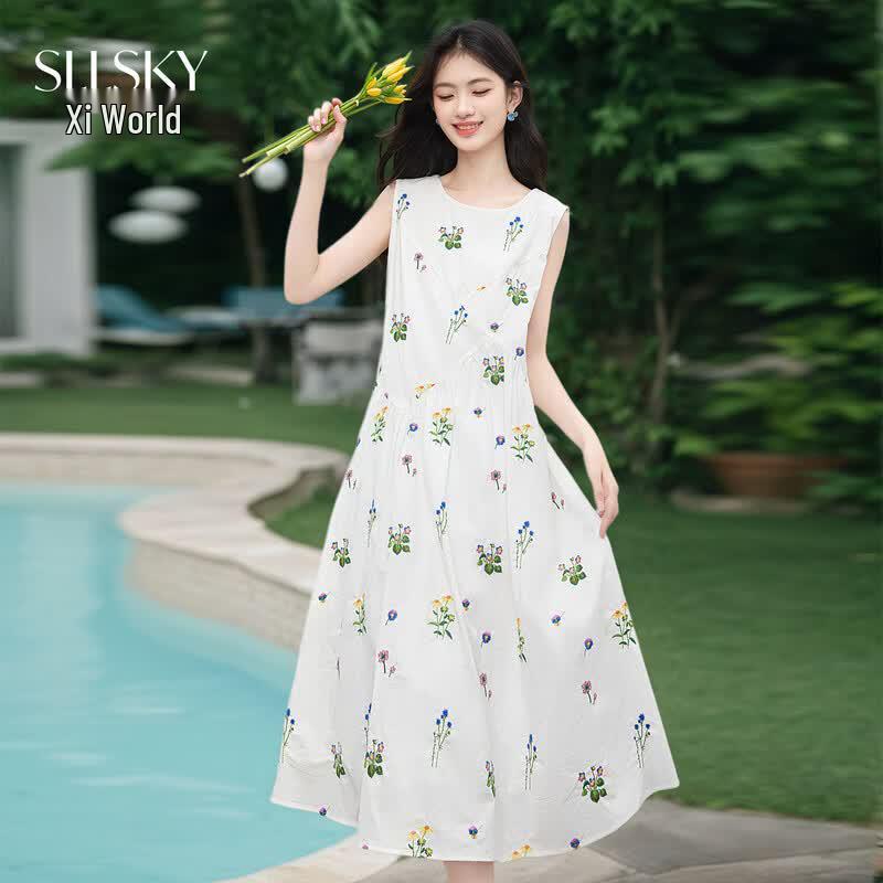 sllsky Floral Embroidered Sleeveless Summer Dress L