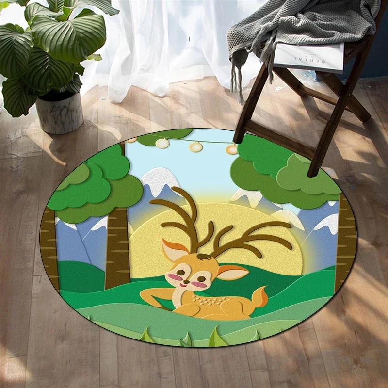 Forest Deer Round Carpet Soft Cartoon Rug Non-Slip Circle Floor Mat for Living Room Bedroom Sofa Bathroom Children's Dorm Decor