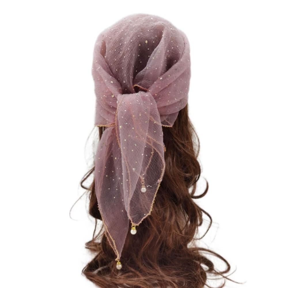 Pearl Tassel Rhinestone Square Scarf Hair Wrap Solid Color Full Sky Star Headwrap Lace Trim Breathable Fabric