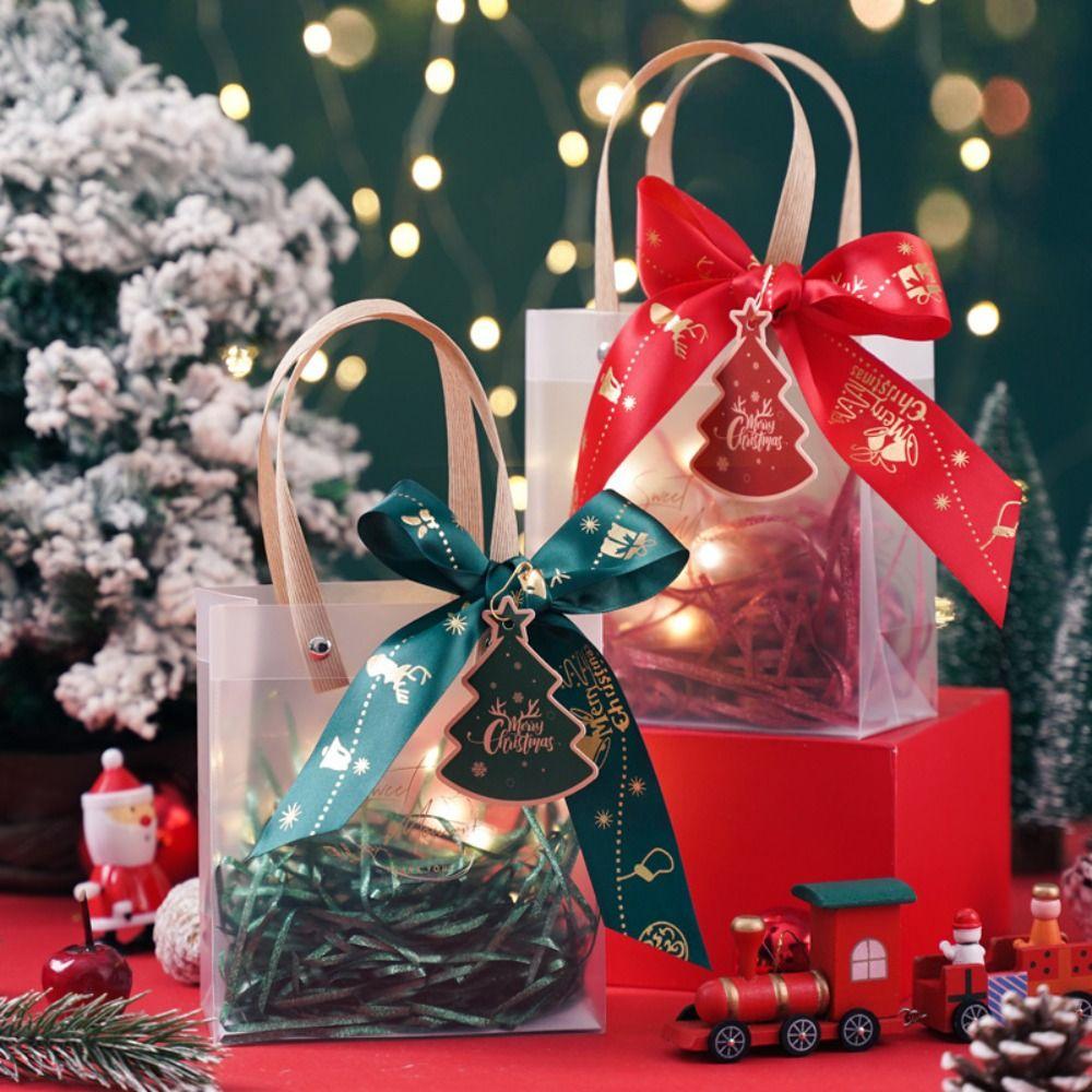 

Silk Christmas Gifts Bag Bowknot Xmas Eve Tote Handbag Xmas Decoration Gift Wrap Bags Snack red-5Pcs16/14/7CM