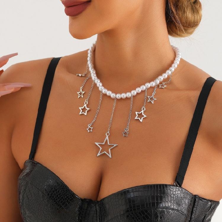Auffällige Perlenkette Stern-Halskette Mädchen Einfacher Imitationsperlen-Choker