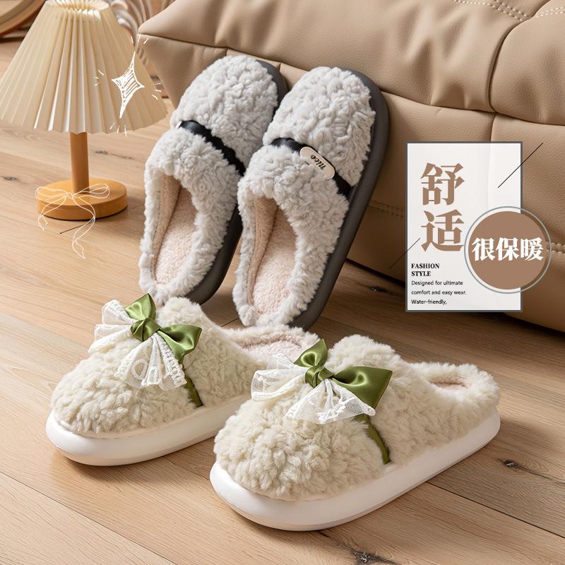 Bow-tie fluffy slippers  new autumn and winter home interior piled thickened warm non-slip cotton drag men