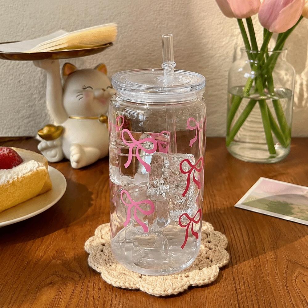 Large Capacity Bow Cup With Lids Milk Tea Cup Cute Clear Straw Cup Student