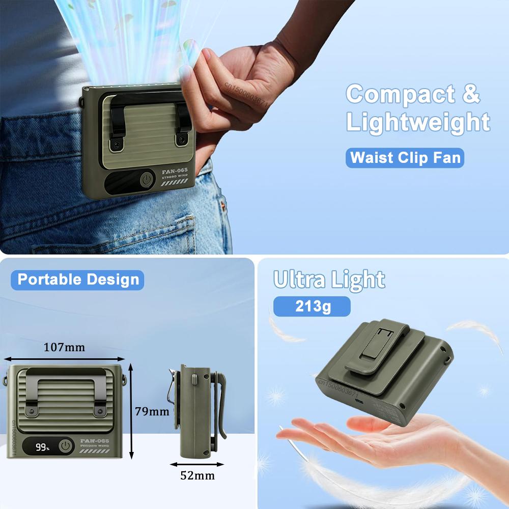 Tragbarer Mini-Hüftventilator Outdoor Hängender Halsventilator 4000mAh USB Wiederaufladbar Tragbarer Hüftclip Kleiner Ventilator Mini Outdoor Camping Ventilator