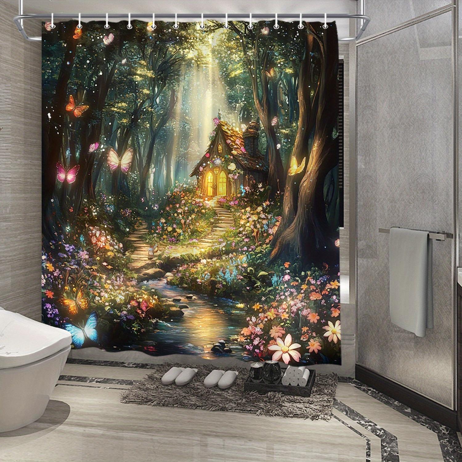 

Enchanted Forest Fantasy Shower Curtain - Multicolored Butterflies & Flowers, Rustic Cottage Design, Polyester W60H190(CM)-1 Pcs