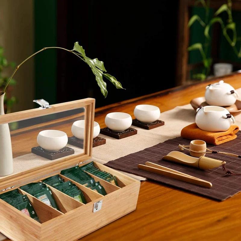 1pc Bamboo Tea Bag Storage Basket Transparent Glass Design Suitable for Storing Coffee and Tea Bags