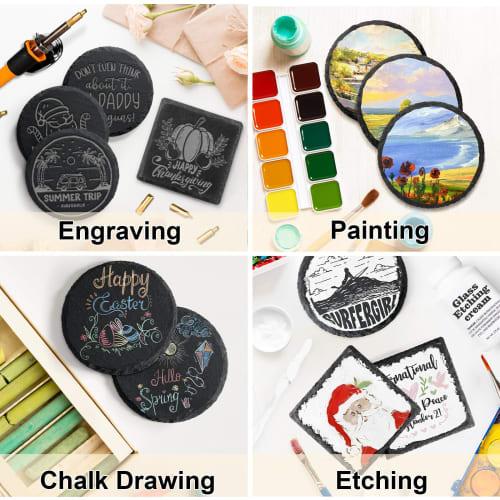 MAPRIAL Slate Coasters with Holders, Set of 12, Round Black Slate Stone DIY Coasters with Scratch-Resistant Backing, Halloween, Christmas, Bar, Kitche