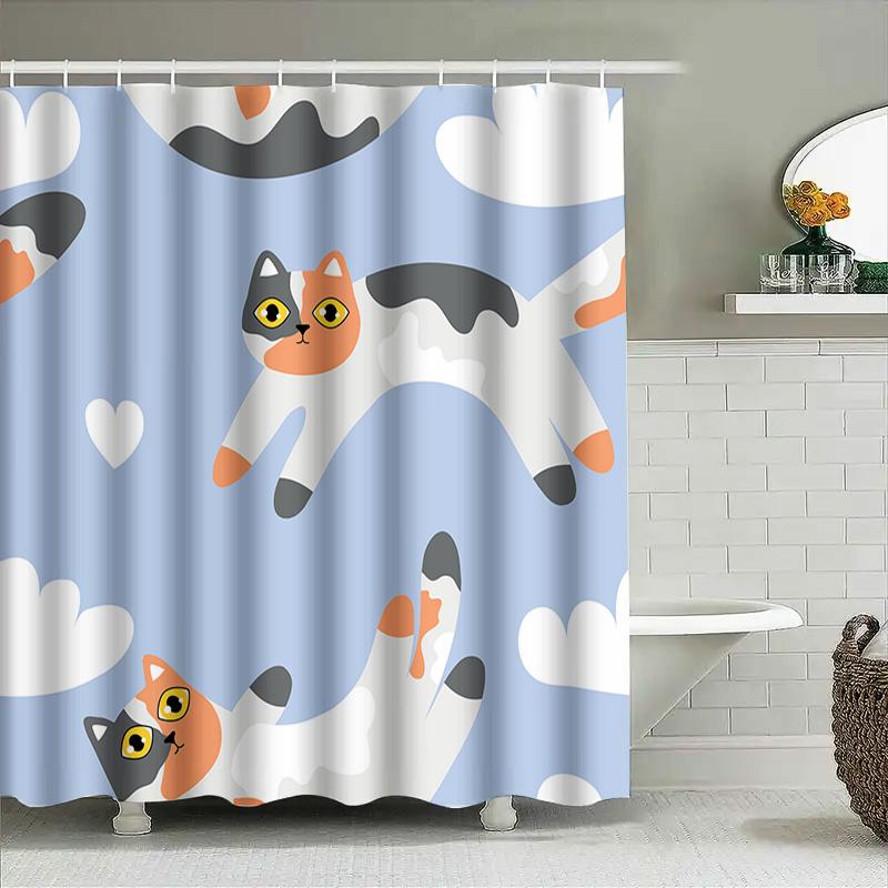 Whimsical Cat Pattern Shower Curtain For Home Decor Modern Blue And White Bathroom Accessories Perfect Gift Idea (200Cmx180Cm)