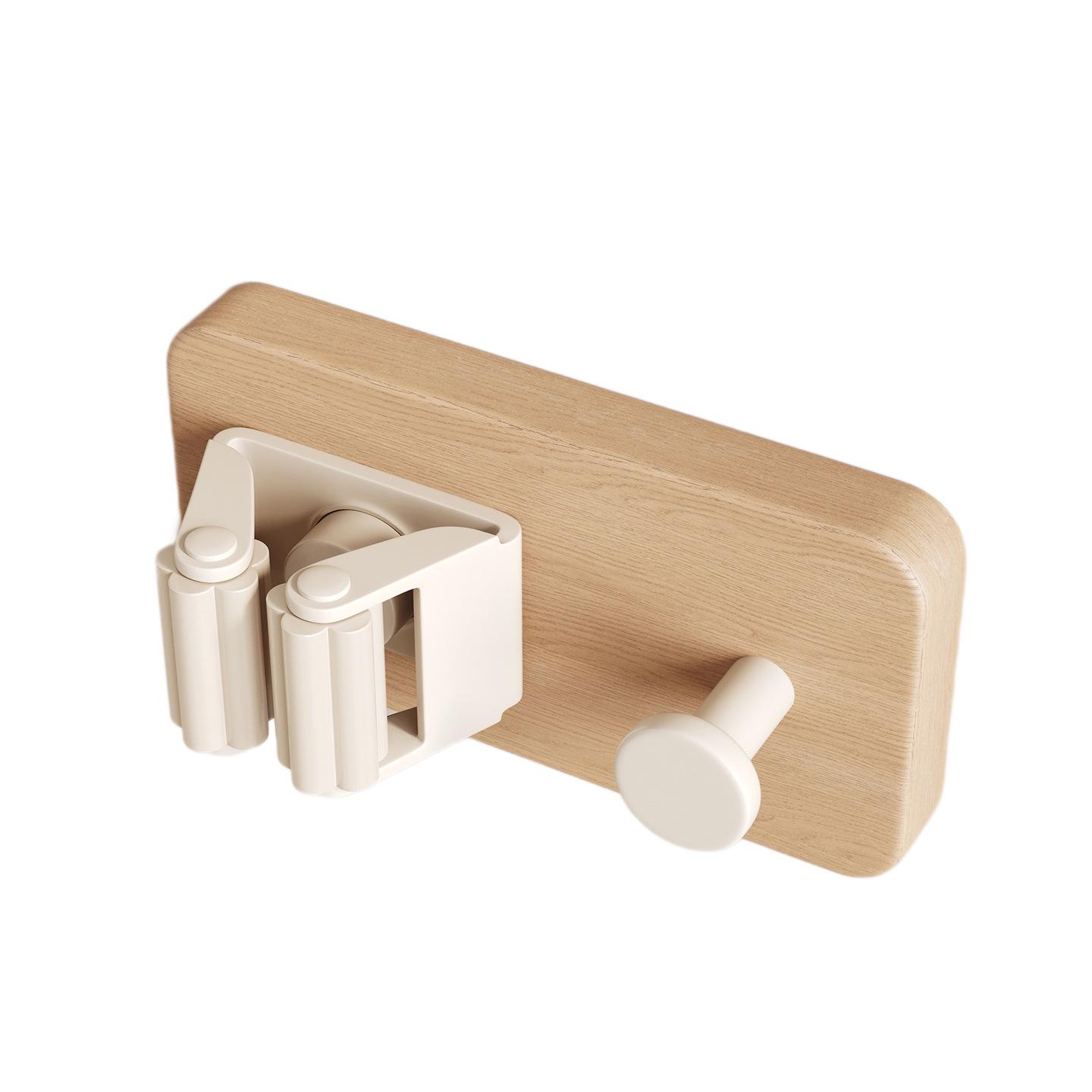 Wall-Mounted No-Drill Bathroom Mop Holder - Modern Adhesive Hook Black + Walnut Wood