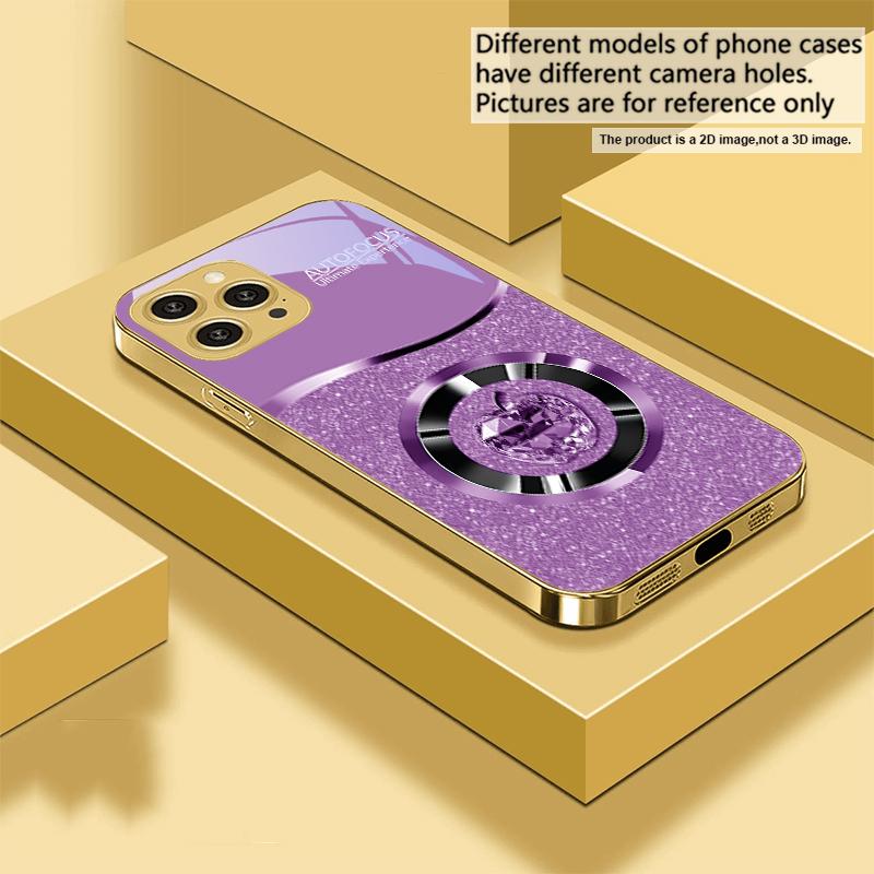 Crystal Purple Apple For IPhone 16 16Pro Max 15 P ro 14 13 Plus 12 Mini 11Pro Max XS Max XR Golden tempered glass phone case