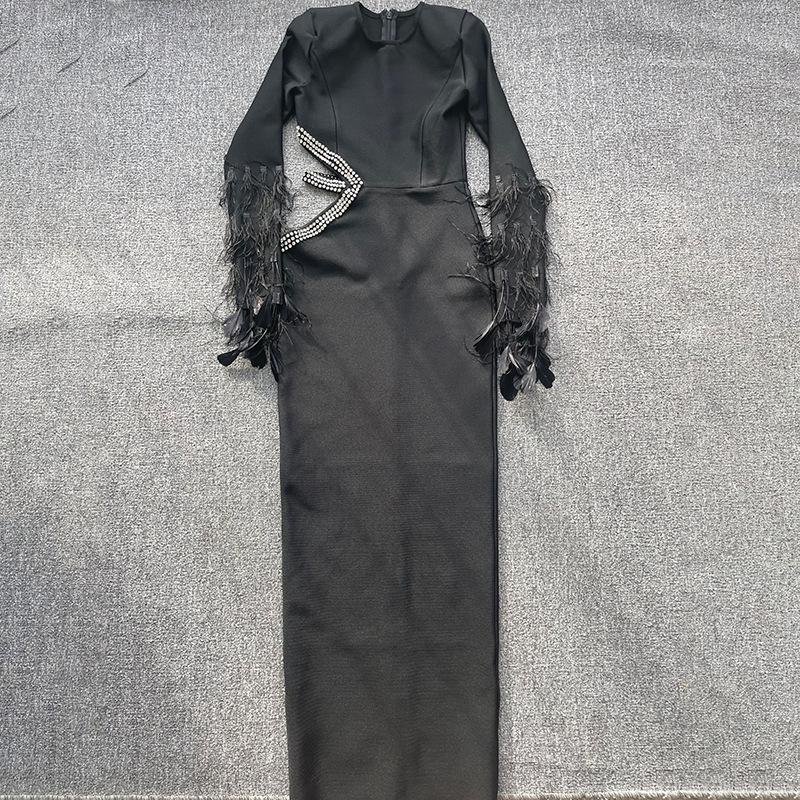 European & American Sexy Rhinestone Feather Evening Dress XL