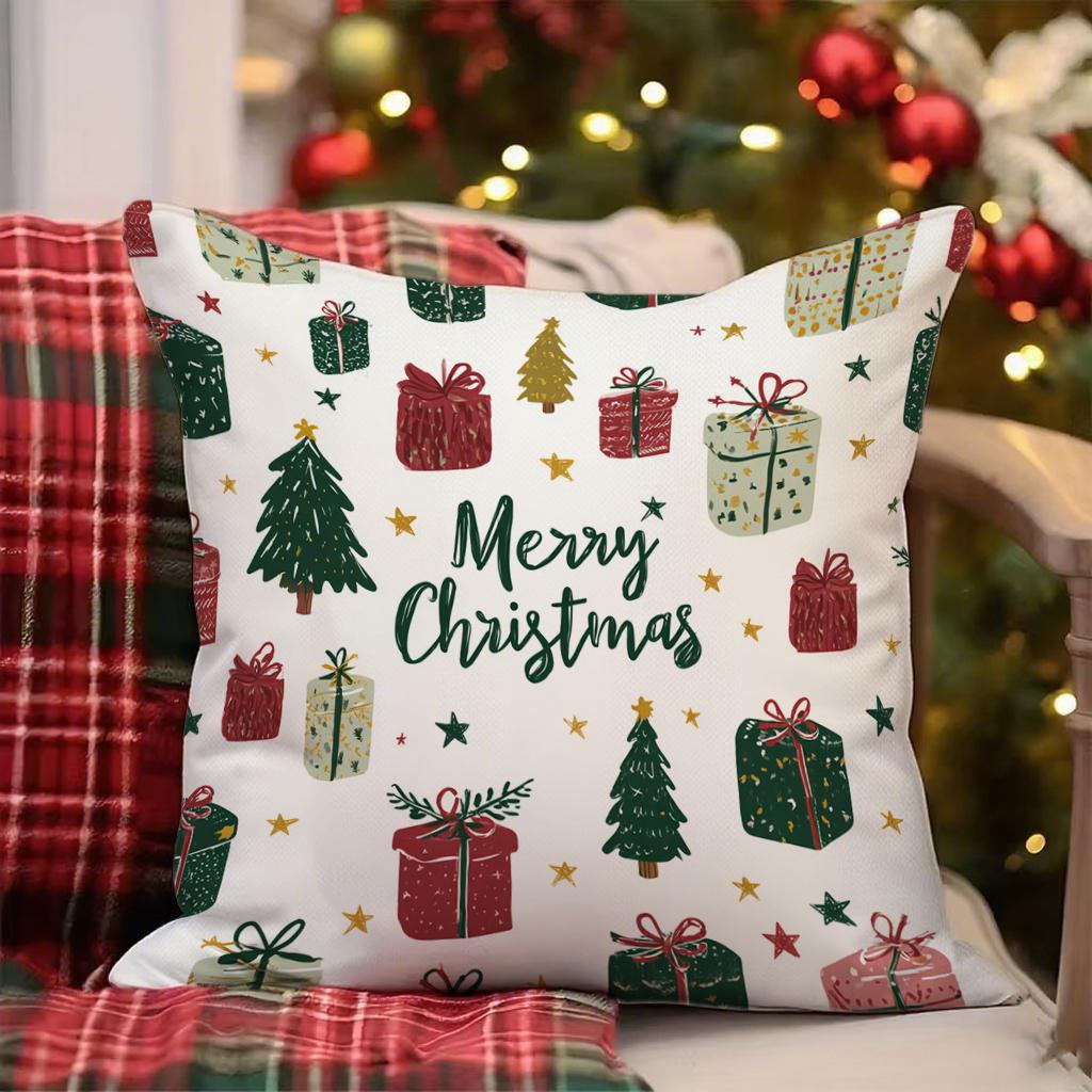 Christmas-Themed Floral & Gift Print Pillowcasesuitable For Sofa Car Bedroom Decorative Cushion Cover Pillow Cover