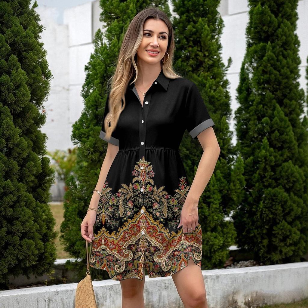 Women Casual Loose Fit Dress Button Front Shirt Dress Short Sleeve Collared Dress Summer Daily Wear