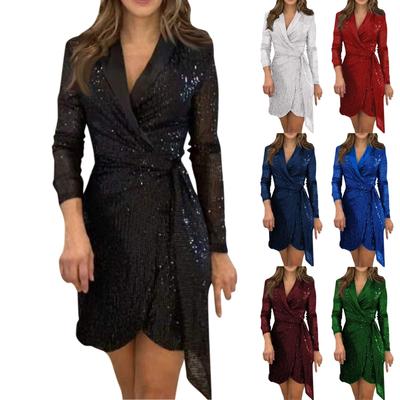 Robe à la mode pour femmes, couleur unie, manches longues, bretelles, paillettes, ceinture