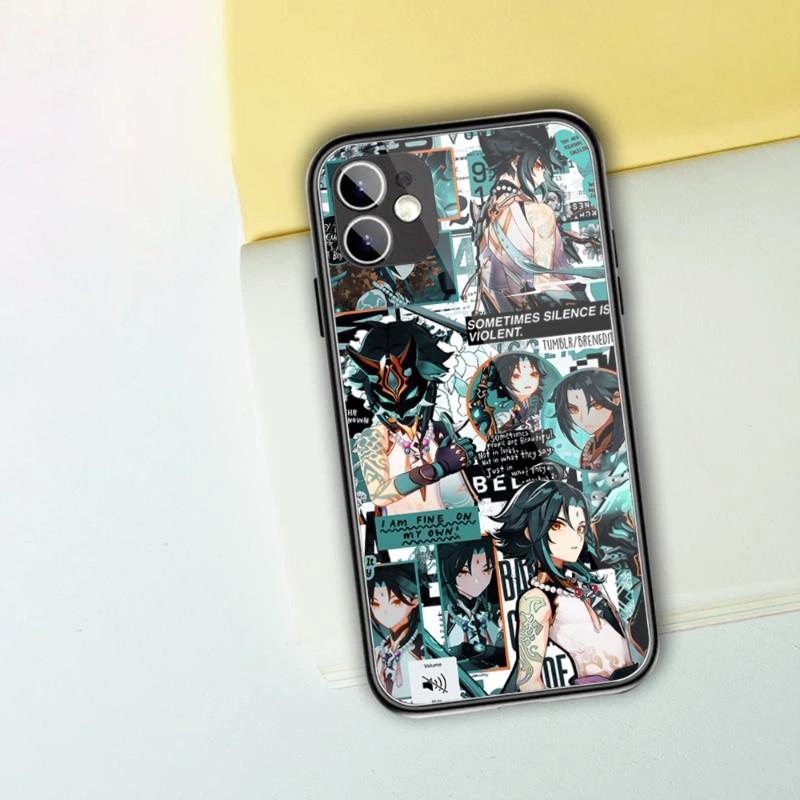 

Милый мультяшный чехол для телефона Genshin Impact для iPhone 13 12 11 XS X 8 7 6 Plus Mini Pro Max SE 2022 Черный ПК ТПУ Стекло Чехол для телефона iPhone SE 2020-2022