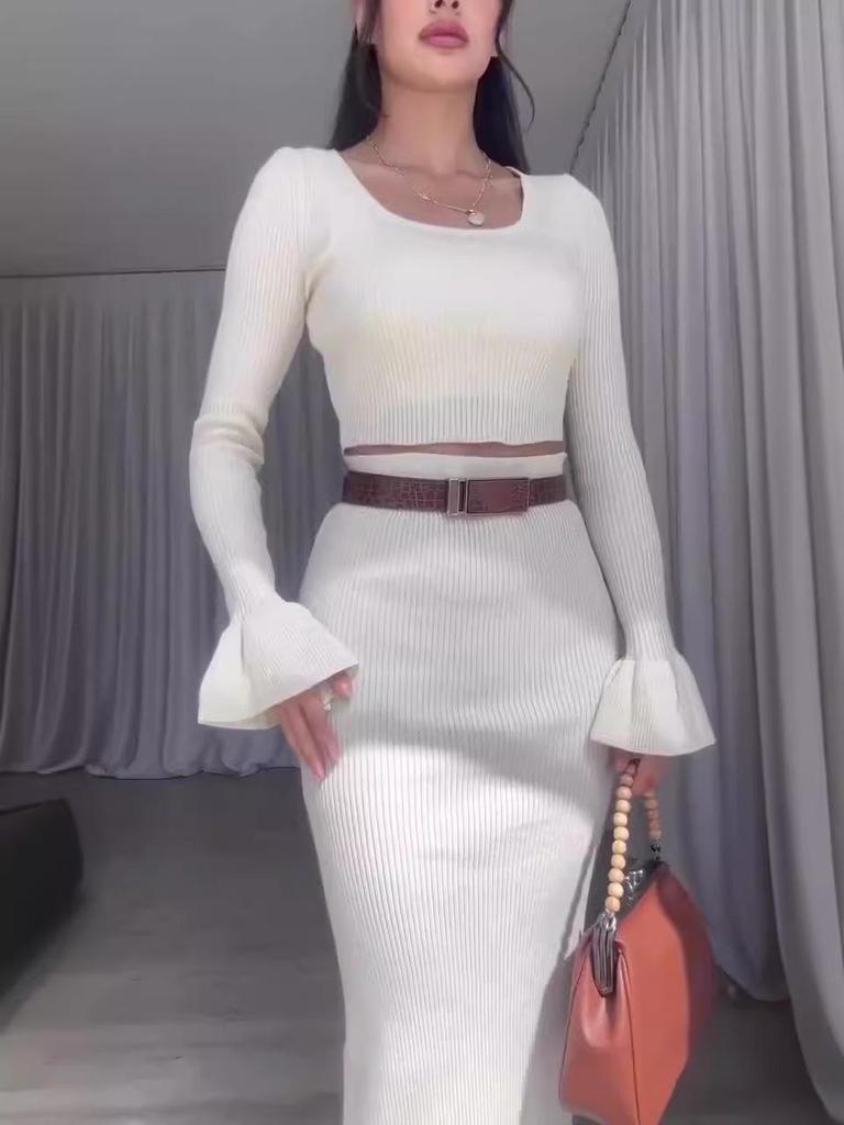 Autumn 2024 European & American Solid Color U-Neck Crop Top & High Waist Midi Skirt Set