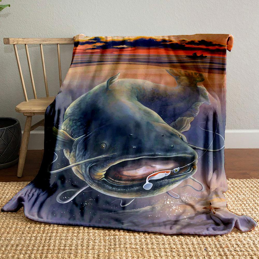 Giant Catfish Fishing Sunset Blanket bedroom Blanket for Livingroom Couch lunch break Soft throw for Friend's festival Gift