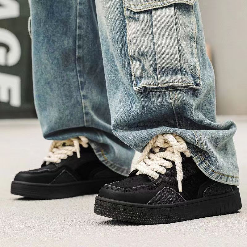 Baskets Chunky Homme en Jean Noir Lacets Corde Épaisse Chaussures Décontractées avec Accents en Jean Effiloché