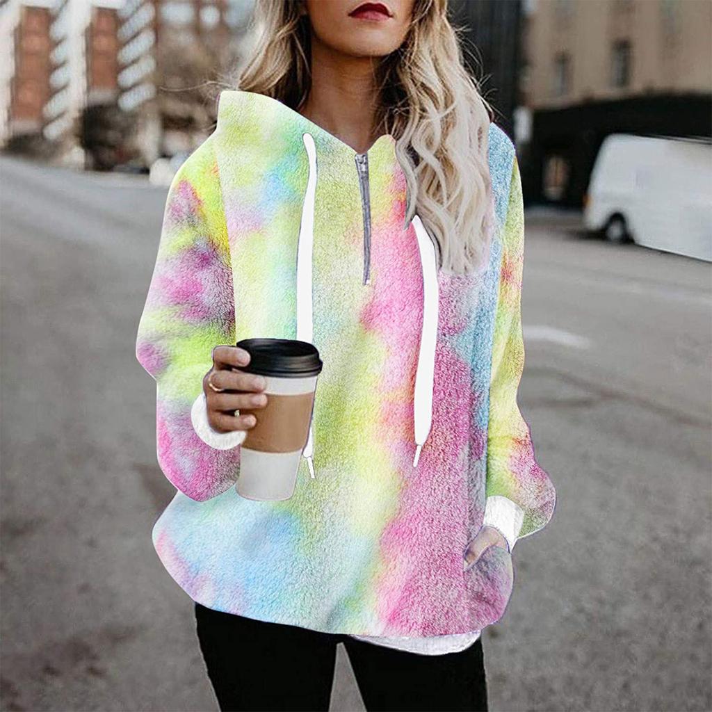 Fashion Women's Winter Casual Loose Print Plush Long Sleeve Pocket Drawstring Hooded Jacket