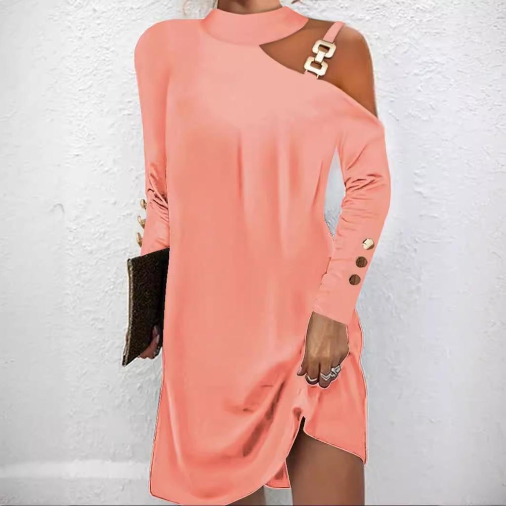 Stylish Long Sleeve Spliced Polyester Metal Hook Dress For Women