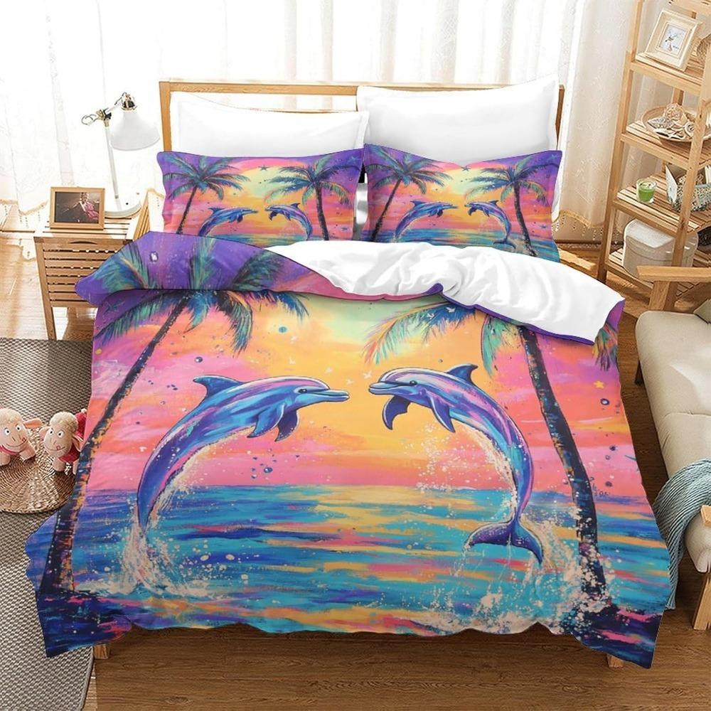 CartoonDolphin  Motif Bed Linen,Microfibre Bedding Sets, Children's Bed Linen  for Teenagers  adult  3-Piece Duvet Cover