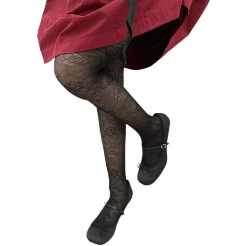 Vintage Patterned Semi Sheer Pantyhose Stockings for Women French Style Rose Flower Jacquard Silk Tights Thin Leggings 1