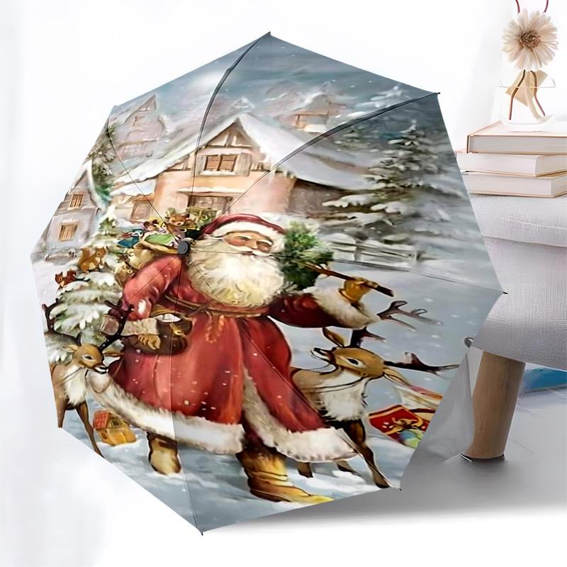 1 Stück Weihnachtsmann, verschneites Dorf Schirm automatisch öffnen/schließen, 8-Speichen stabiler Rahmen, kompaktes faltbares Design, ideales Geburtstags-/Feiertagsgeschenk 1203A