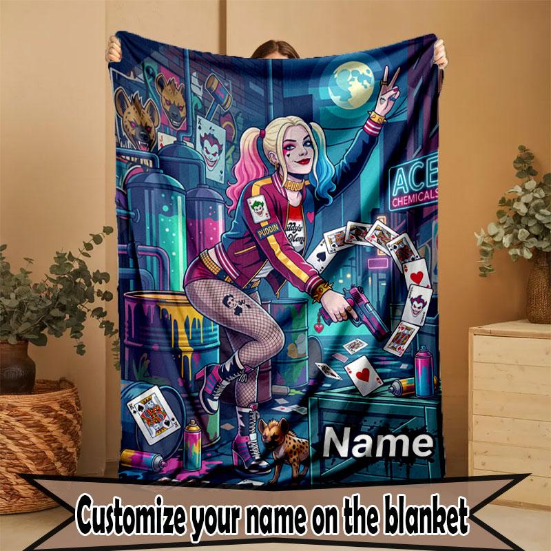 Custom Name Personalized Harley Quinn Print Blanket, Home Decor, Bedroom, Sofa, Camping, Couch, Gifts for Birthday Christmas