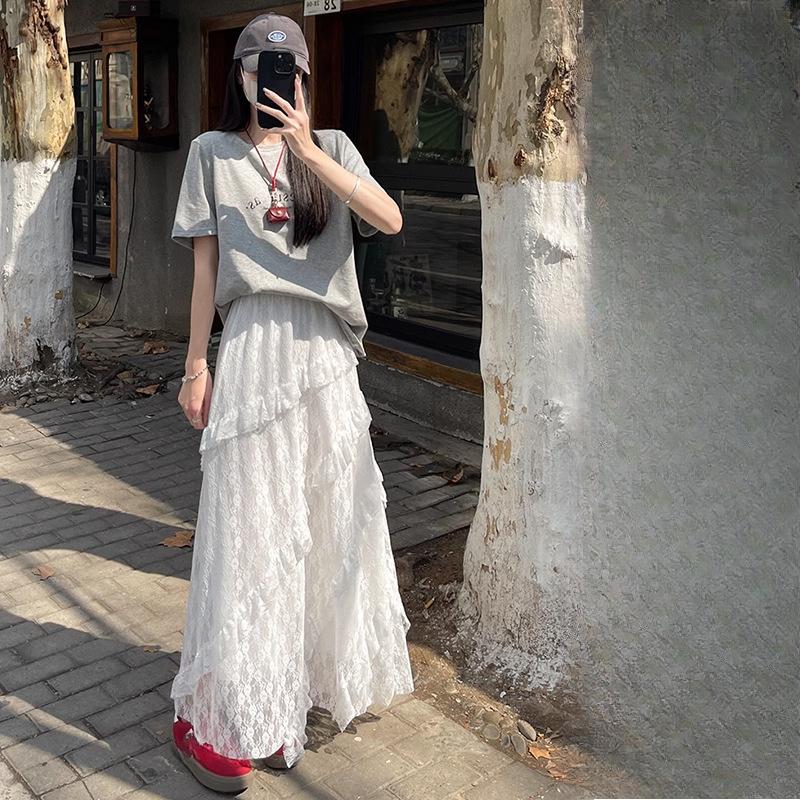 Damen Sommer Weiß Vintage Patchwork Köper Spitze Halbrock Elastischer Bund Schlankmachender Tüll A-Linie Langer Kuchenrock