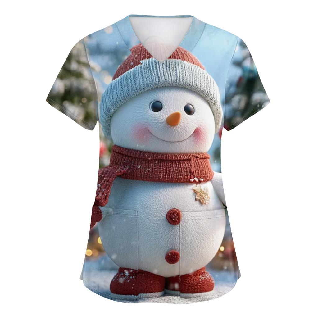 Women's V-neck Christmas printed short-sleeved pocket side-slit protective suit top