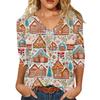 Women's Fashion Casual V-Neck Christmas Print 3/4 Sleeve Top for Holiday Everyday Wear
