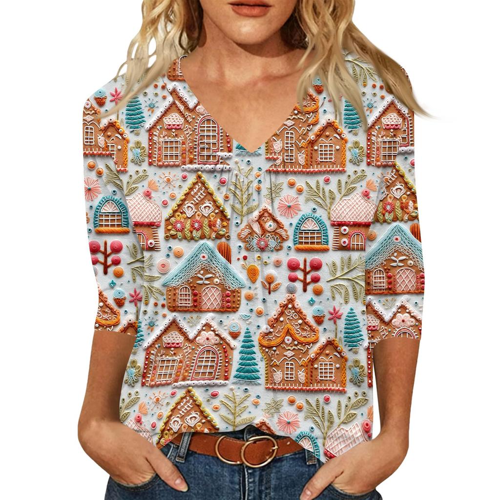 Women's Fashion Casual V-Neck Christmas Print 3/4 Sleeve Top for Holiday Everyday Wear