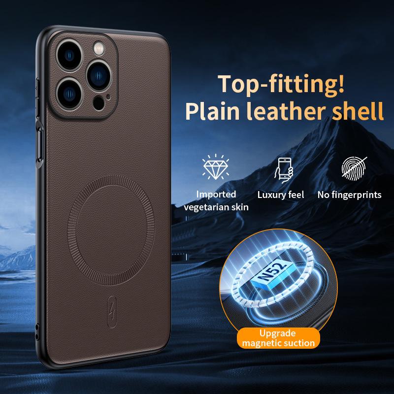 Apple 17 Pro Max Full-Cover Plain Leather Magnetic iPhone Case, Drop-Proof for iPhone 16/15 Pro/14/13.