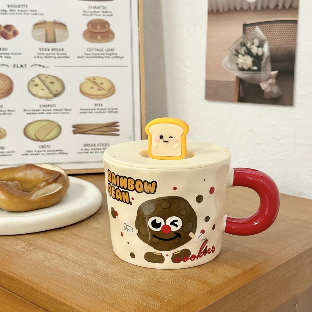 Cute Ceramic Cup Household Mug with Lid Spoon Cartoon Water Cup Female Student Dormitory Breakfast Milk Coffee Cup
