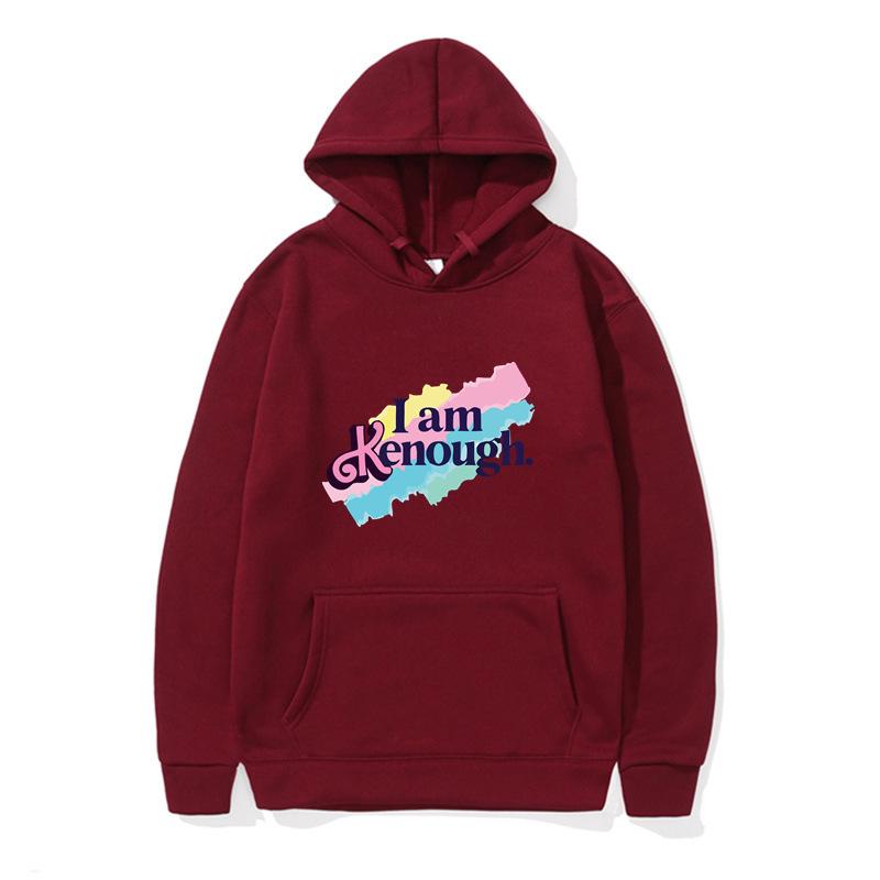 Unisex 'I Am Kenough' Rainbow Print Loose Hooded Sweatshirt - Black