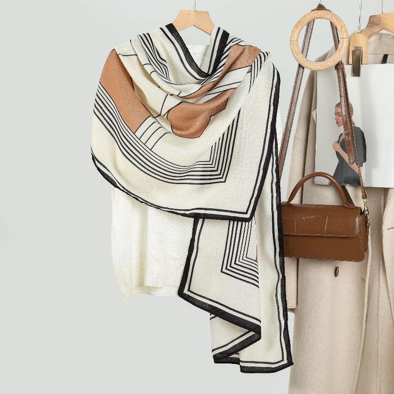 Temperament Women Silk Scarf Scarf Spring and Autumn Versatile Simple Lines Velvet Long Scarf Autumn and Winter Warm Thin Shawl