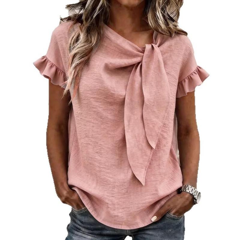 Womens Casual Solid Color Round Neck Short Sleeve Bow Knot T Shirt